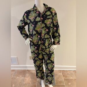 Mahogany Two-Piece Cotton Black Pajama Set w Pink & Green Cacti Print, M